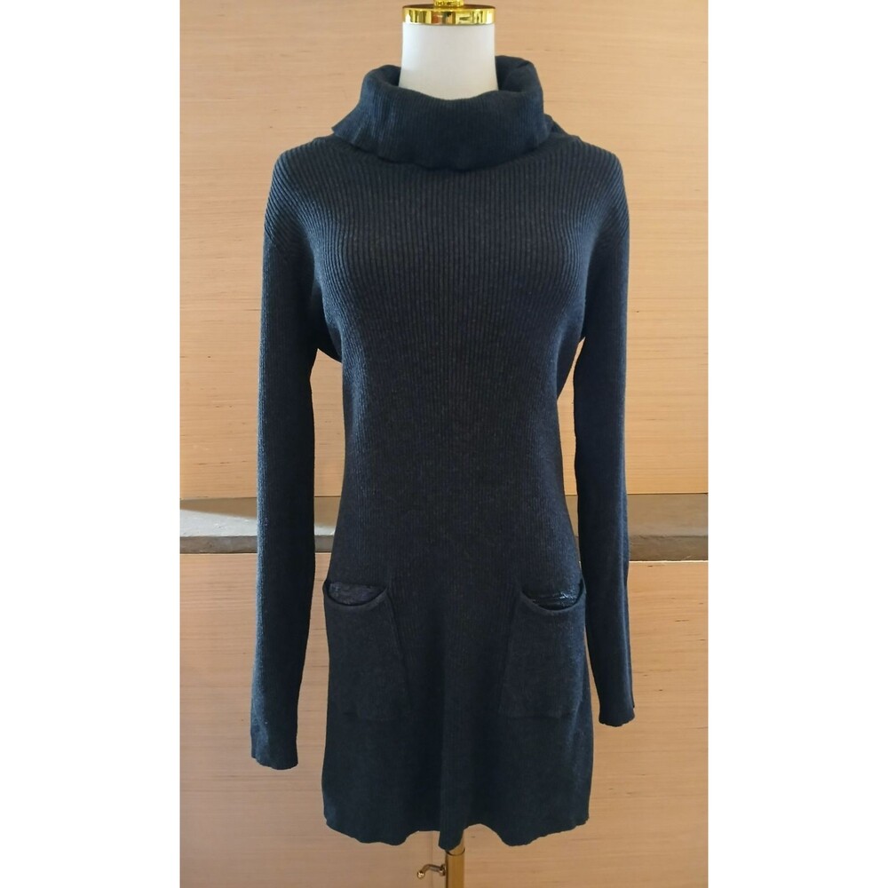 AB Studio Women's Large Long Sleeve Ribbed Sweater Dress Pockets Cotton Blend